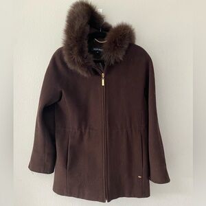 Ellen Tracy Brown Fur-Trimmed Puffer Jacket